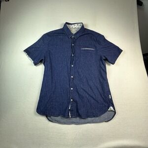 7 Diamonds Audio Tree Shirt Mens XL Blue Dots Stretch Denim Woven Button Up